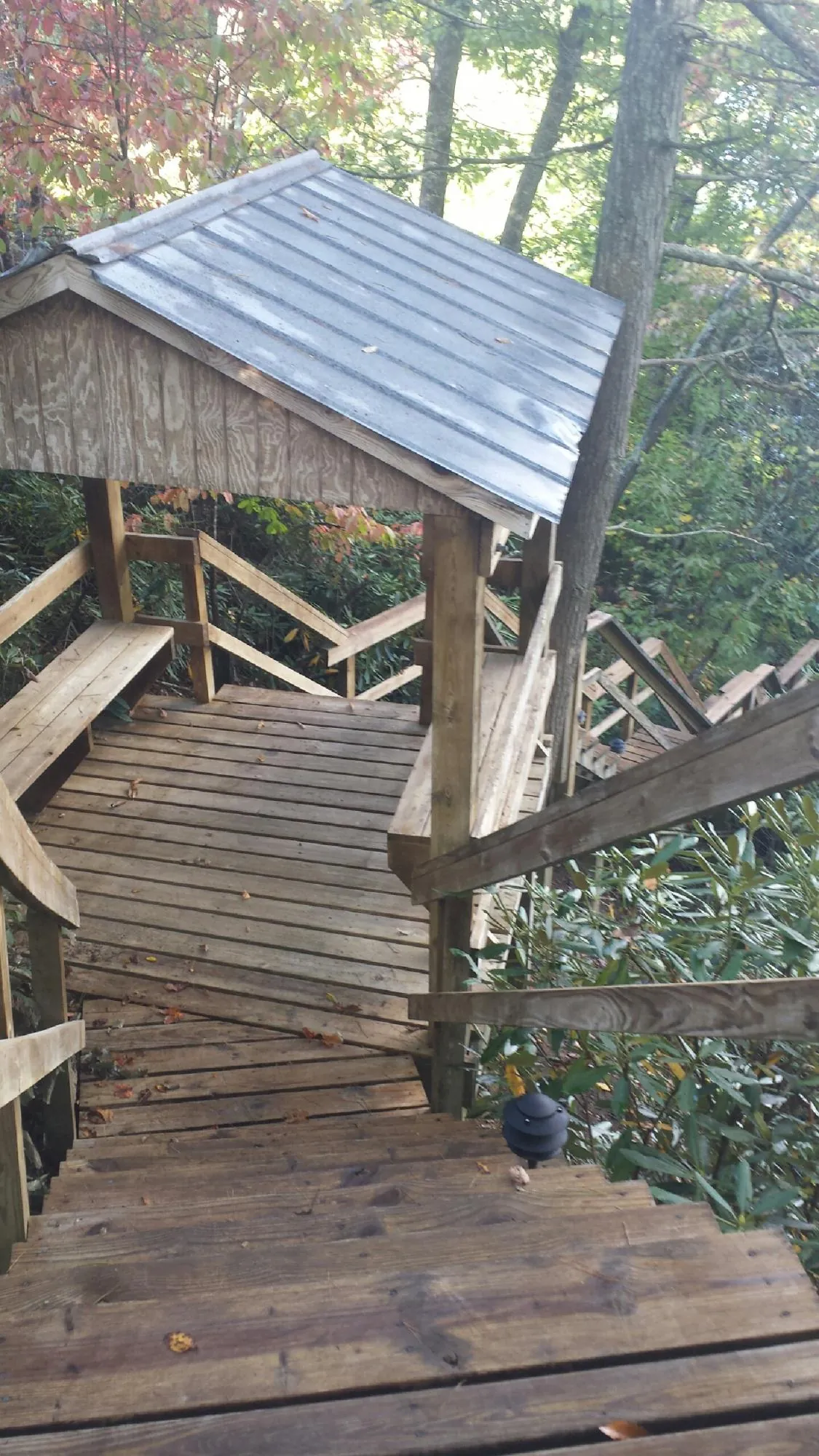 Metal roofed shelter over wooden steps on a wooded walkway — Skylight Repair & Installation work by our crew in Punxsutawney